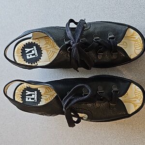 Fly London Ylva Black Wedge Sandals